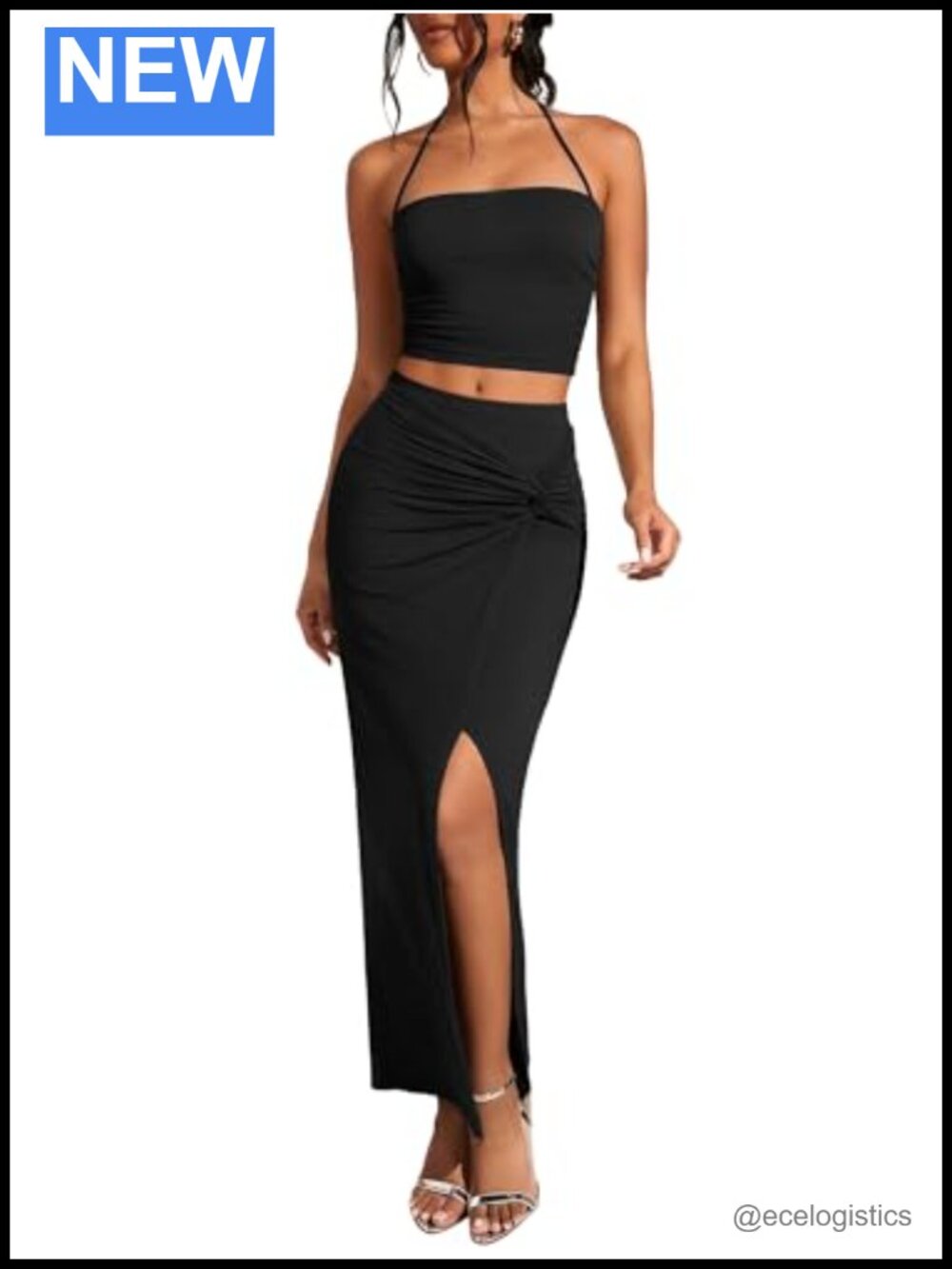 Women's 2-Piece Outfit Set Ruched Crop Halter Top Slit Bodycon Long Skirt